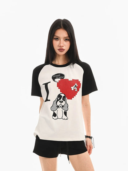 Retro Puppy Print Color Block T-Shirt