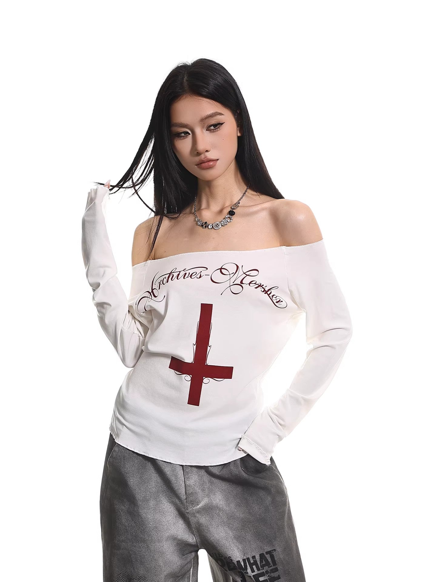 Cross Graphic Off Shoulder Top