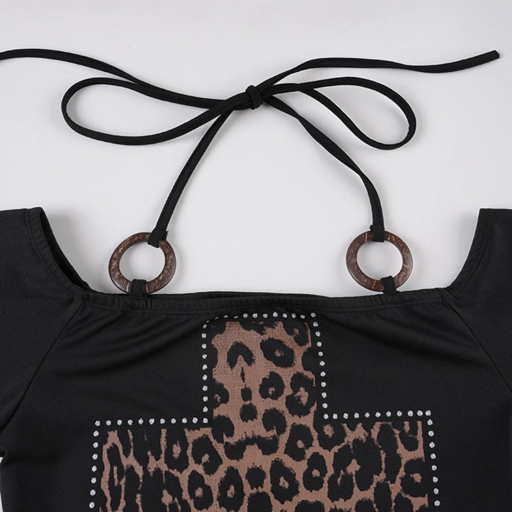 One-Shoulder Leopard Cross Bat Sleeve Top
