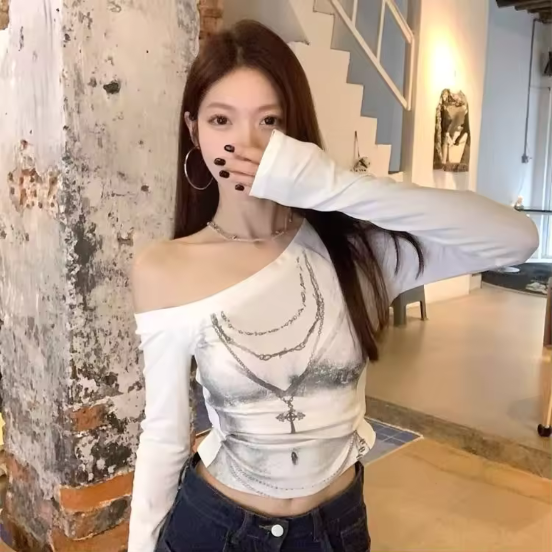 Sheer Off-Shoulder Necklace Print Top
