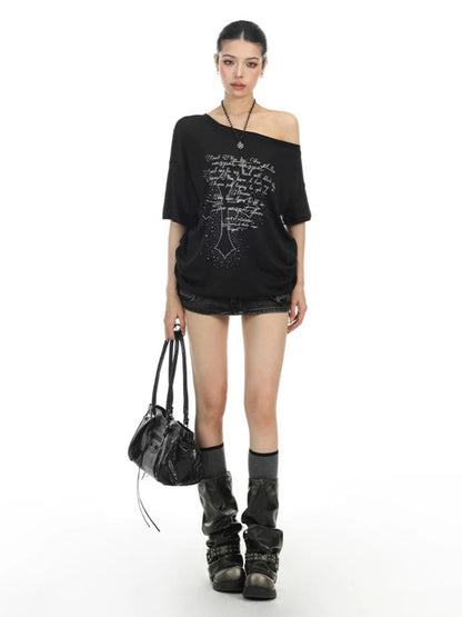 Rhinestone Cross Off-Shoulder Tee
