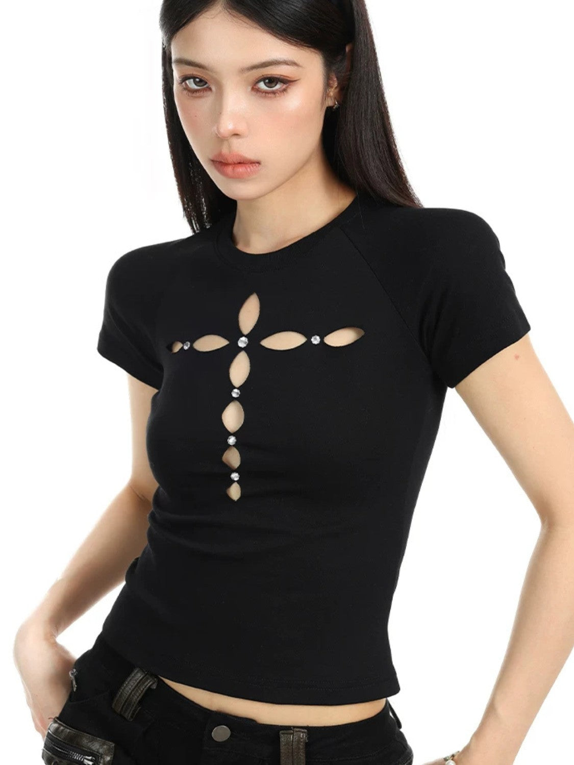 Hollow Cross Rhinestone Slim Tee