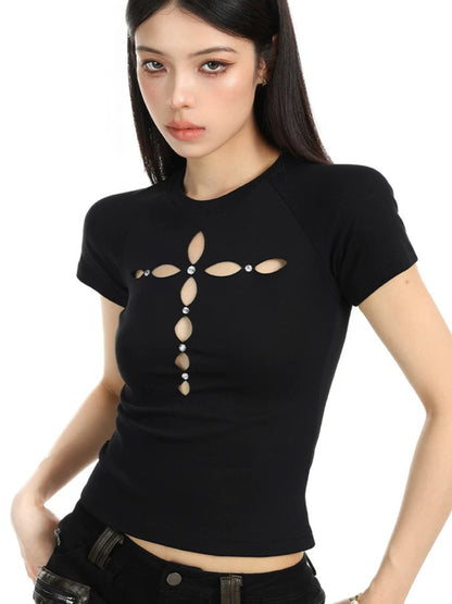 Hollow Cross Rhinestone Slim Tee