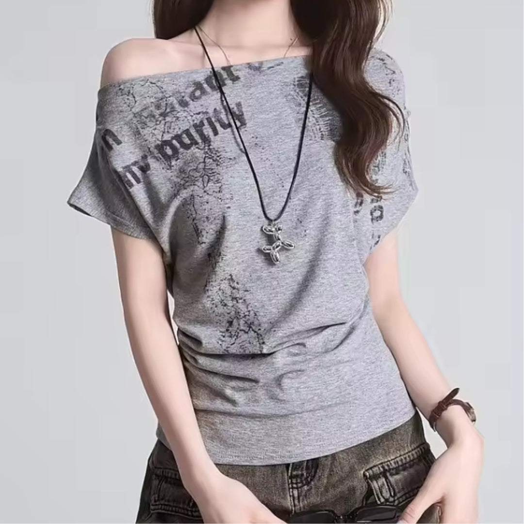 Grey Off-Shoulder Graphic Tee
