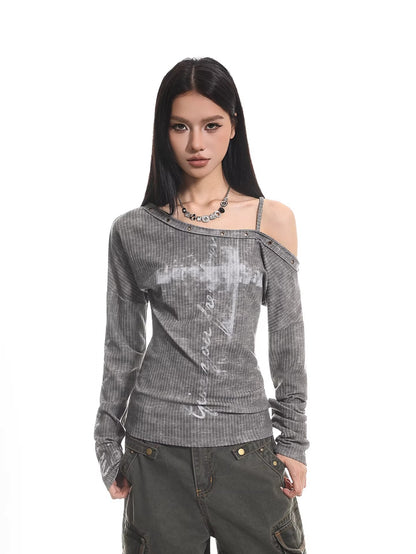 Distressed Off Shoulder Slim Top