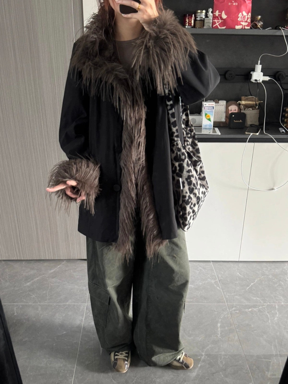 Black Faux Fur Trim Cotton Coat