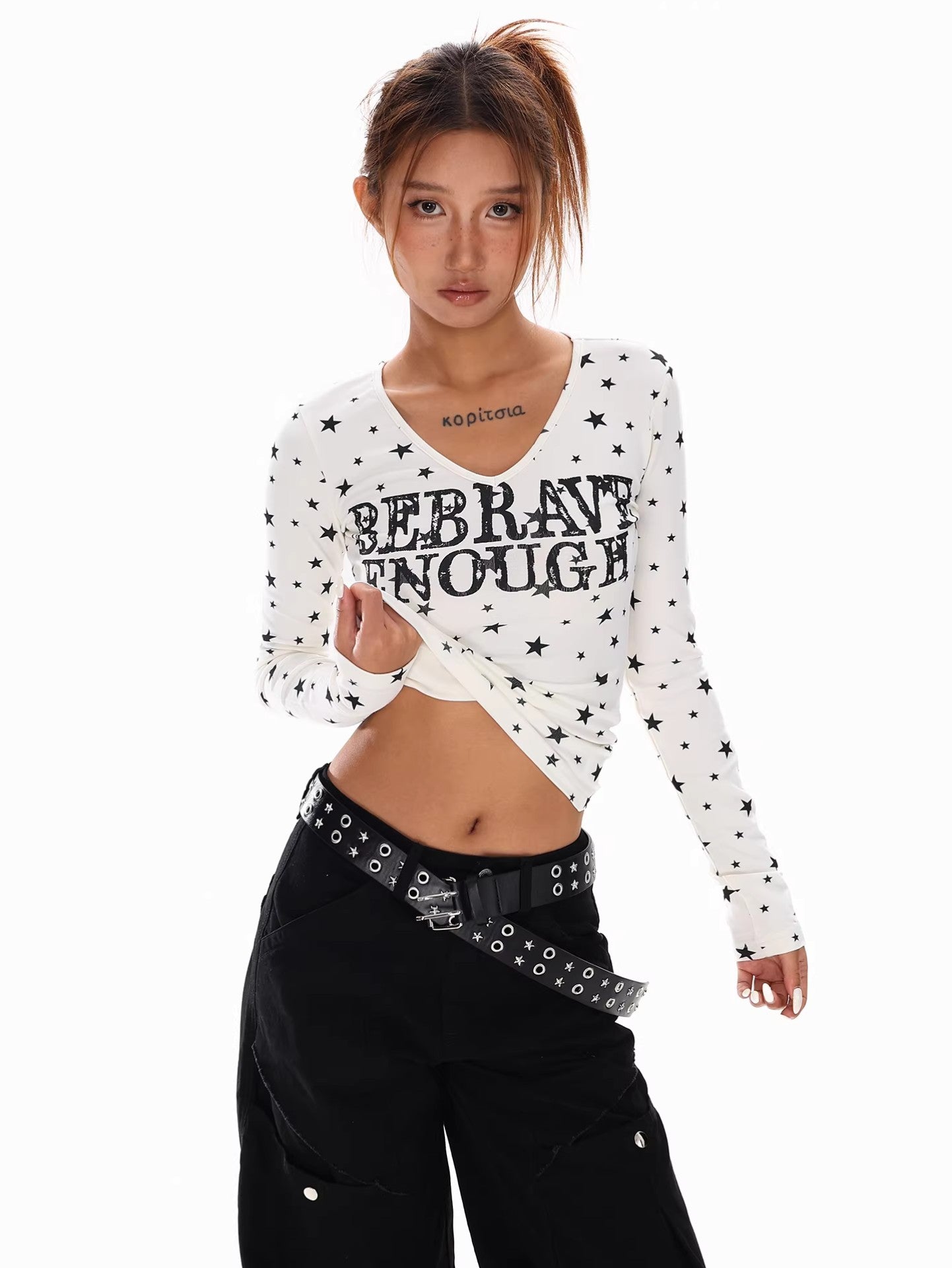 Star Print V Neck Top