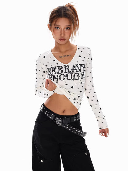 Star Print V Neck Top