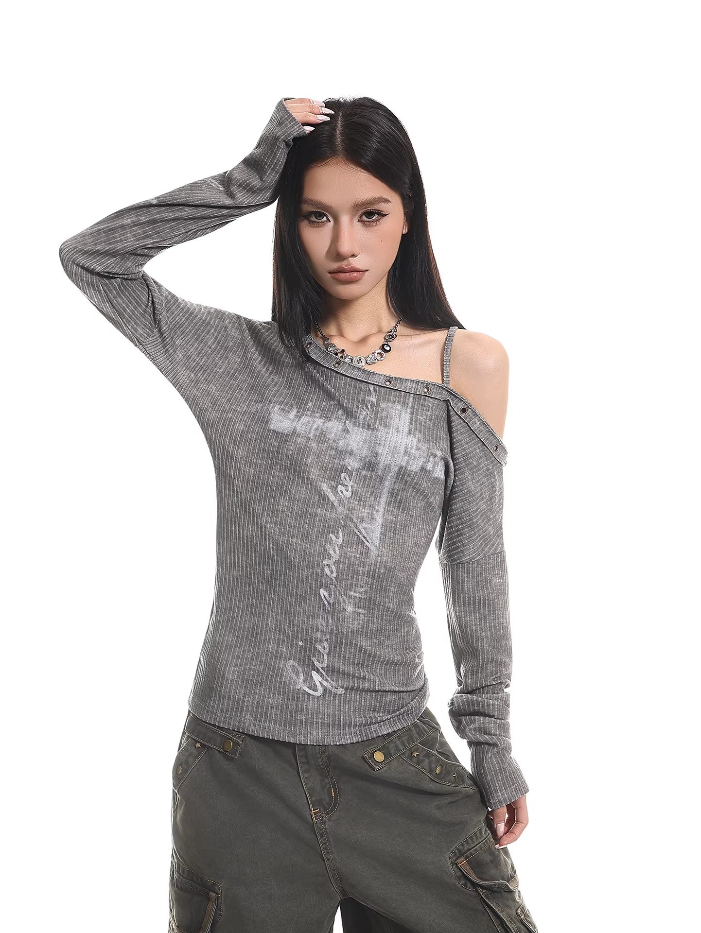 Distressed Off Shoulder Slim Top