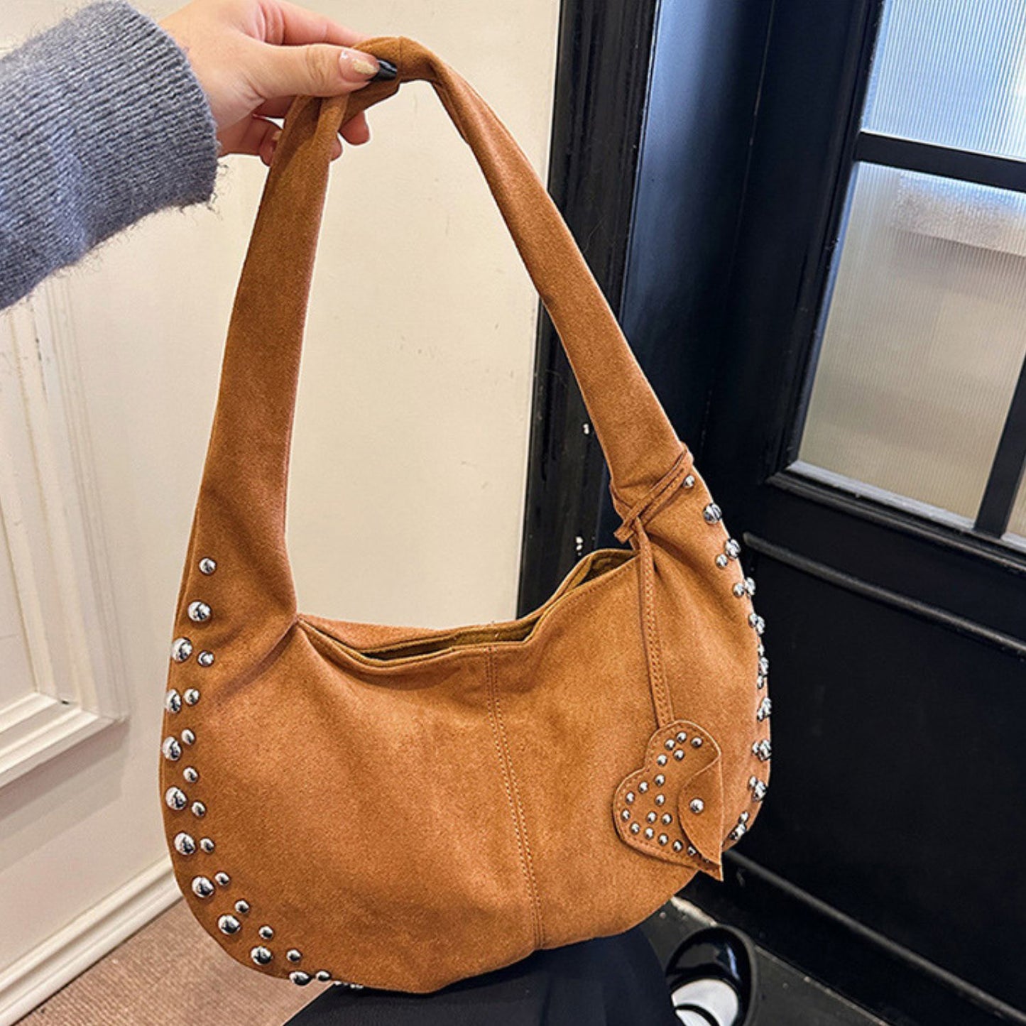 Studded Suede Shoulder Bag