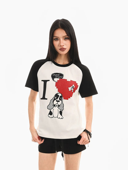 Retro Puppy Print Color Block T-Shirt