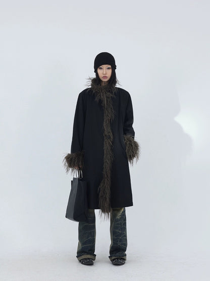 Black Faux Fur Trim Cotton Coat
