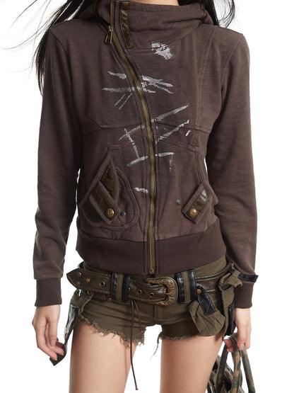 Retro Hooded Zipper Short Jacket