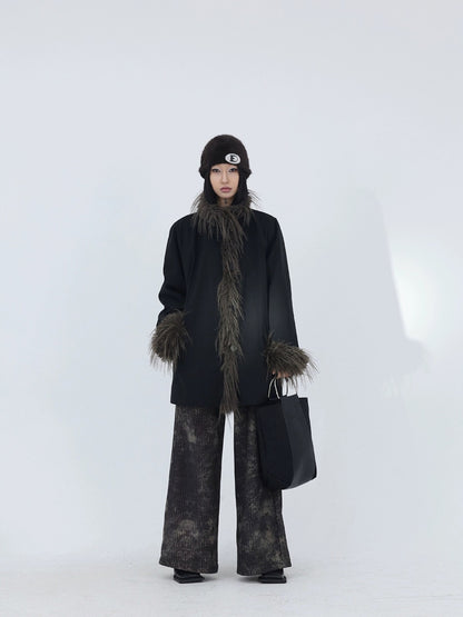 Black Faux Fur Trim Cotton Coat
