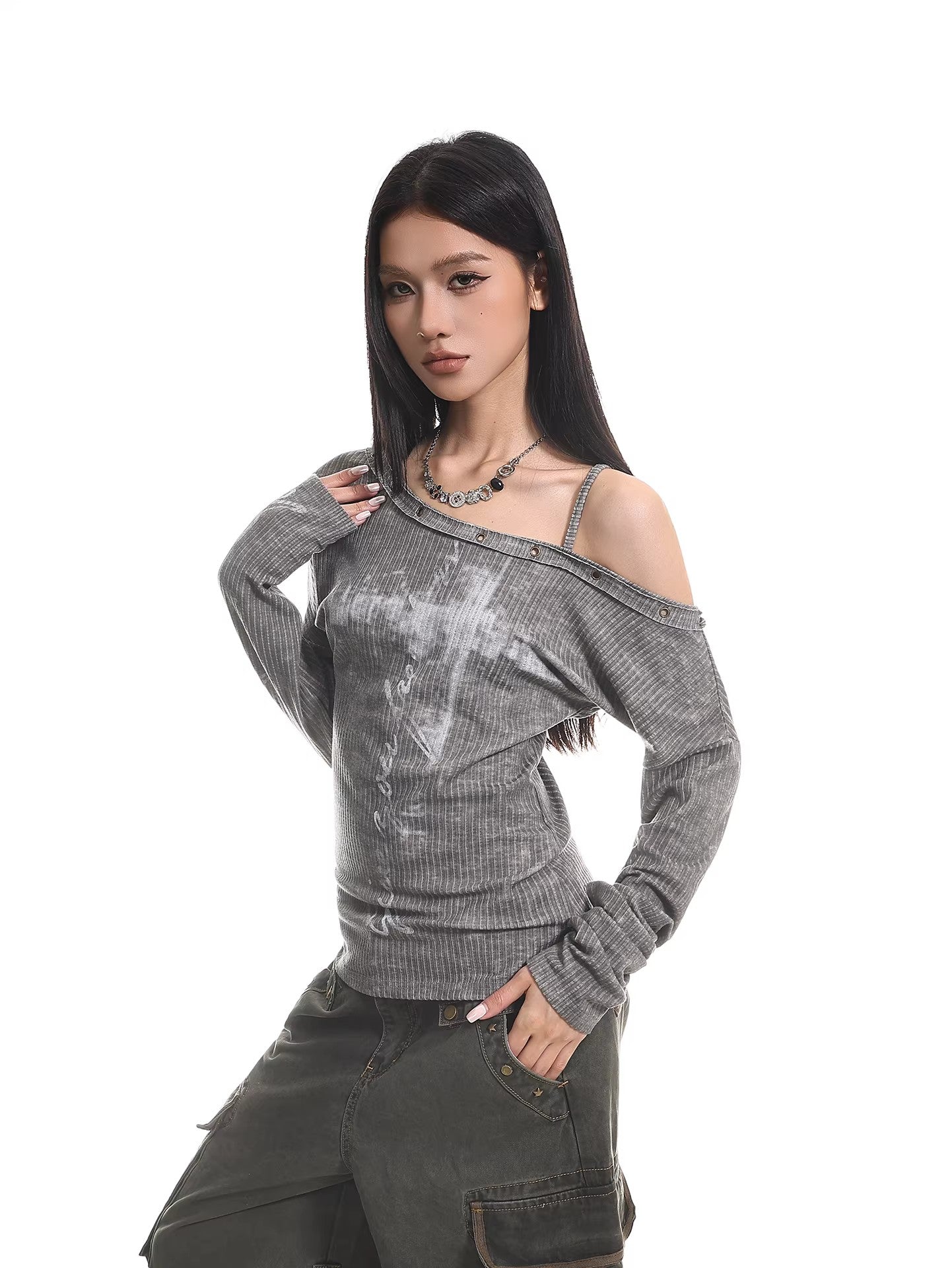 Distressed Off Shoulder Slim Top