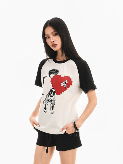 Retro Puppy Print Color Block T-Shirt