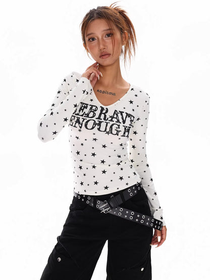 Star Print V Neck Top