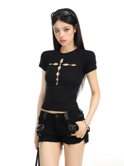 Hollow Cross Rhinestone Slim Tee