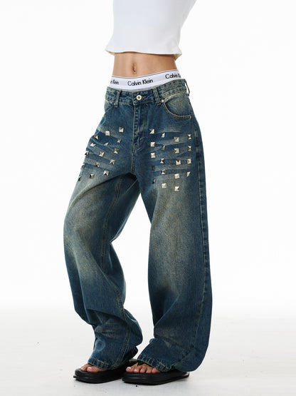 Studded Washed Straight Jeans