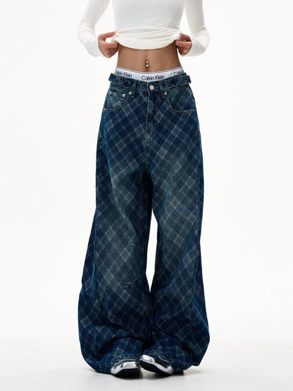 Retro Blue Plaid Wide Jeans
