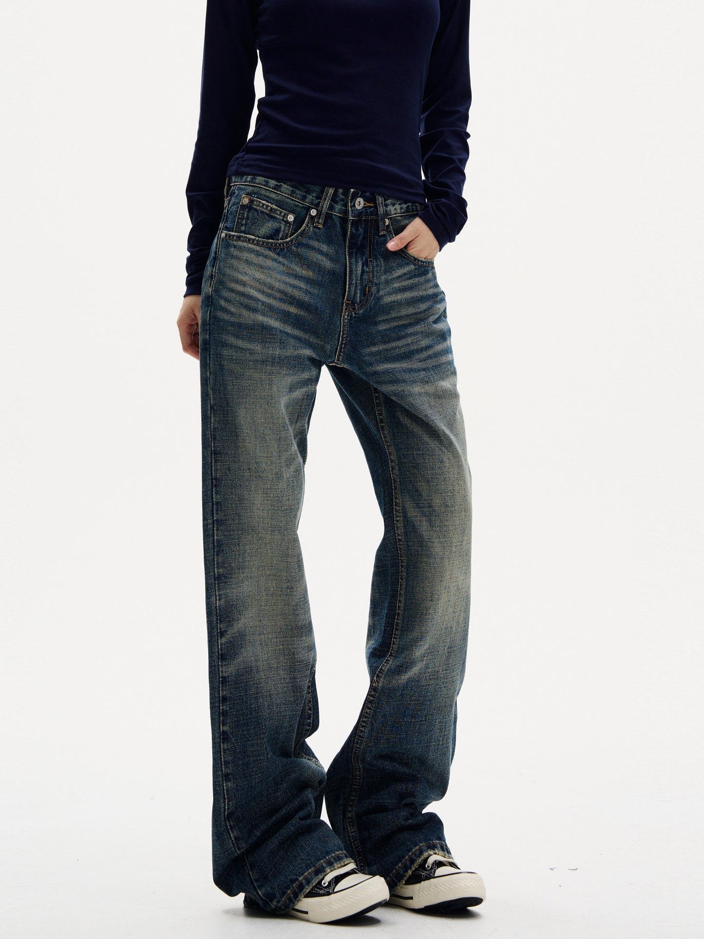 Retro Whiskered Flared Denim Jeans