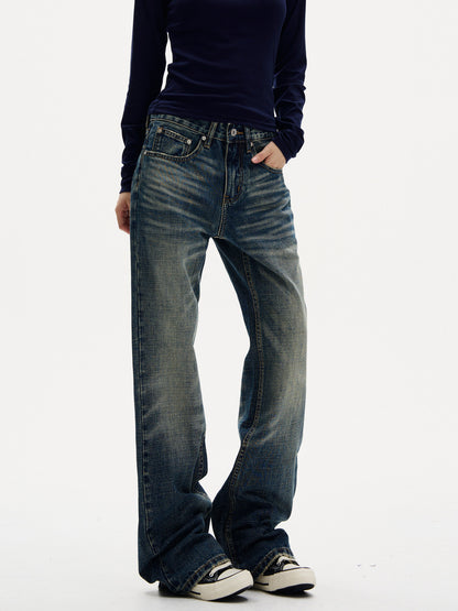Retro Whiskered Flared Denim Jeans