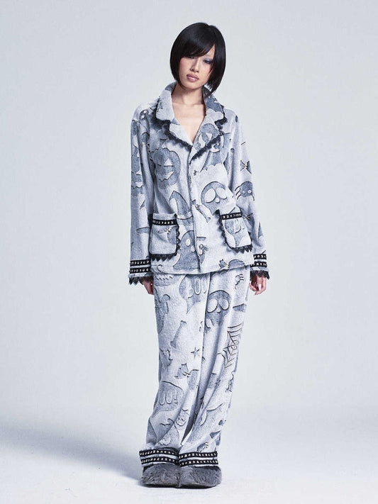 Soft and Skin-Friendly Fleece Little Devil Cross Lace Pajama Set