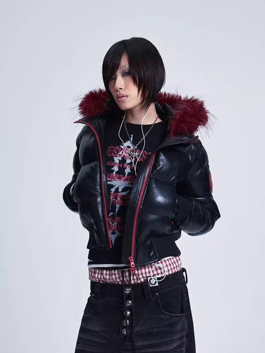 Detachable Fur Collar Color-Blocked PU Leather Cotton-Padded Jacket