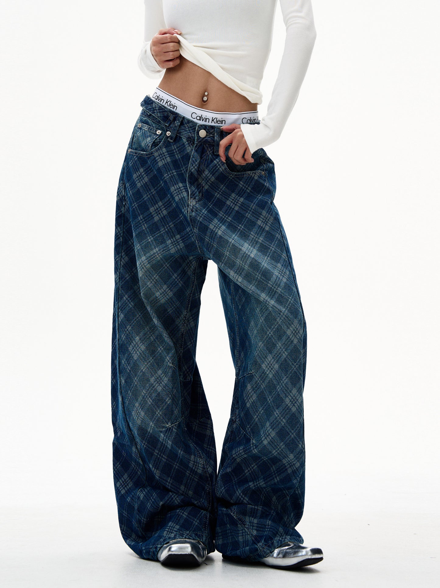 Retro Blue Plaid Wide Jeans