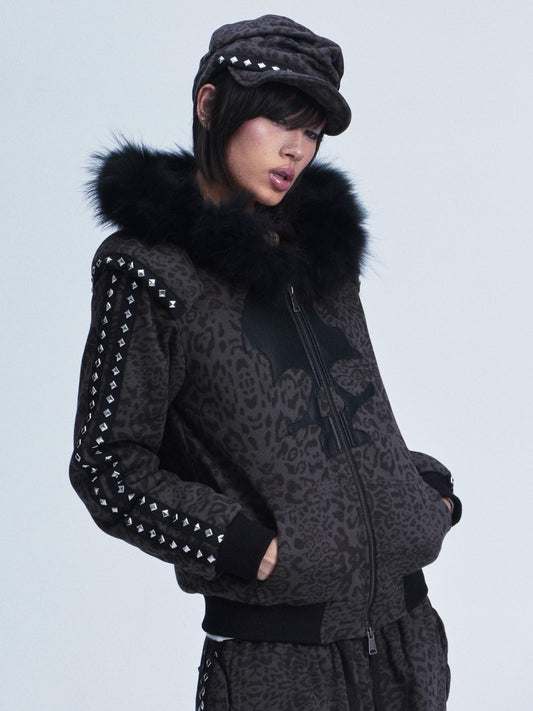 Leopard Print Hooded Sweatshirt & Pants Set with Fuzzy Collar