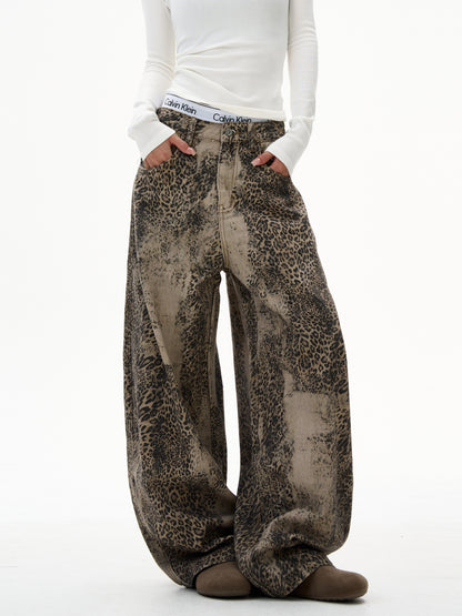Retro Leopard Print Wide Jeans