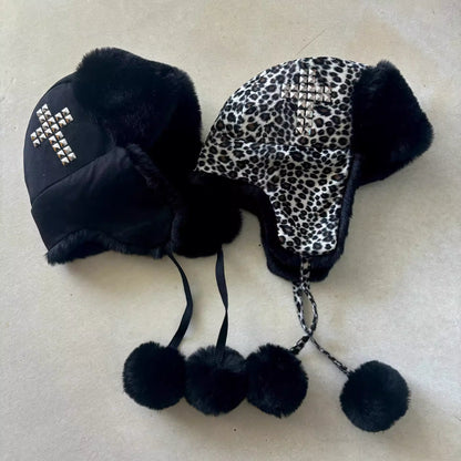 Leopard Print Plush Earmuff Hat with Rivets