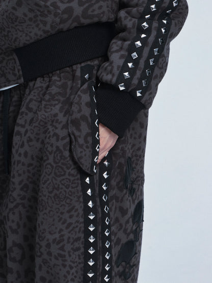 Leopard Print Hooded Sweatshirt & Pants Set with Fuzzy Collar