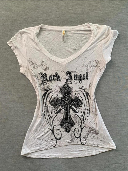 Vintage Distressed Print Short Sleeve Top