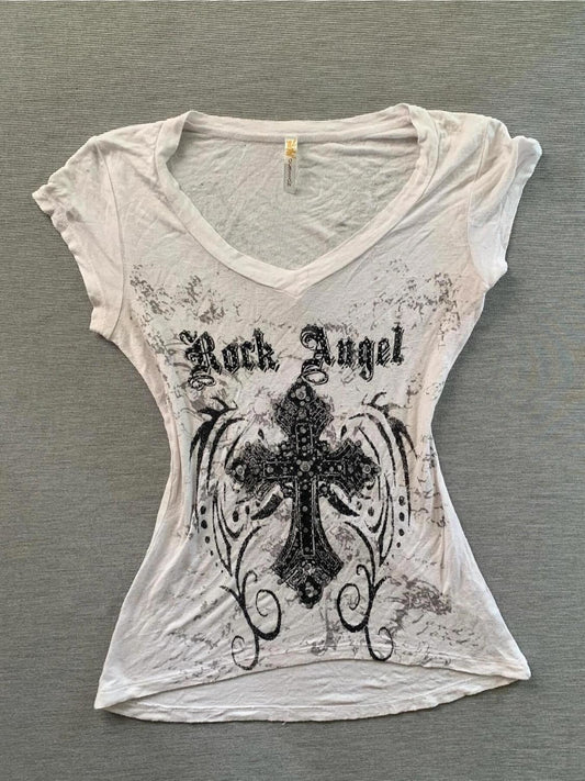 Vintage Distressed Print Short Sleeve Top