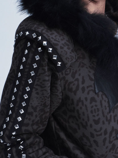 Leopard Print Hooded Sweatshirt & Pants Set with Fuzzy Collar