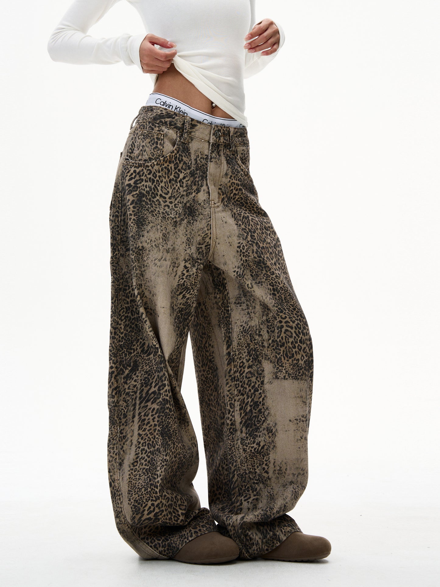 Retro Leopard Print Wide Jeans