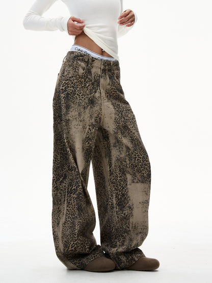 Retro Leopard Print Wide Jeans