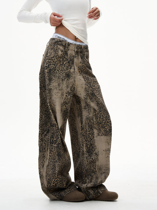 Retro Leopard Print Wide Jeans