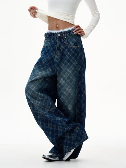 Retro Blue Plaid Wide Jeans