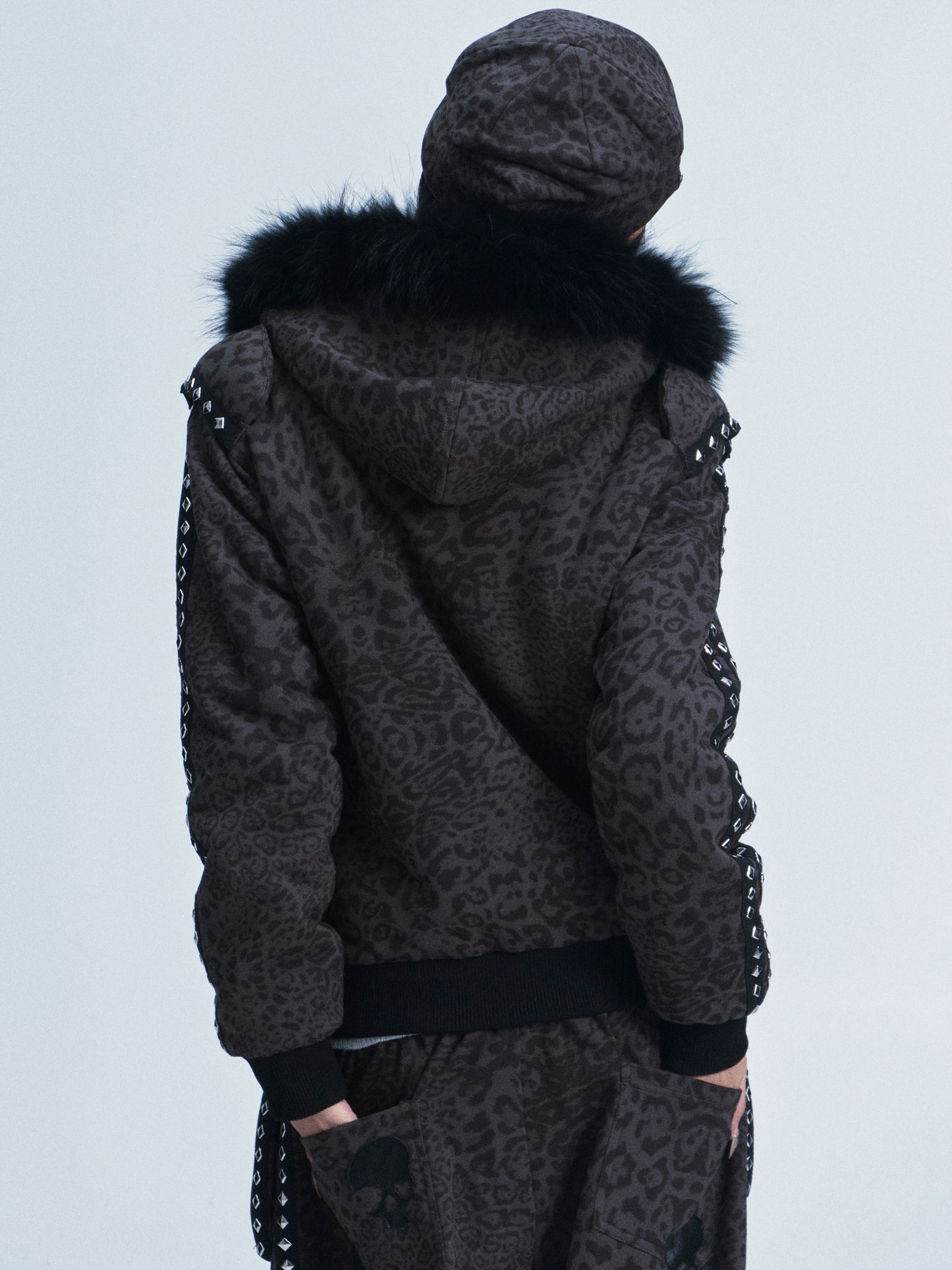 Leopard Print Hooded Sweatshirt & Pants Set with Fuzzy Collar