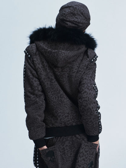 Leopard Print Hooded Sweatshirt & Pants Set with Fuzzy Collar