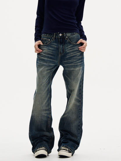 Retro Whiskered Flared Denim Jeans
