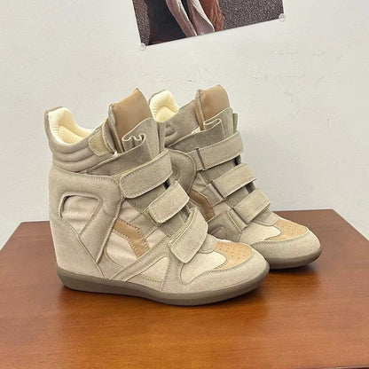 Wedge Heel High-Top Velcro Leather Sneakers