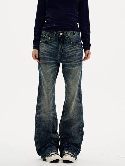 Retro Whiskered Flared Denim Jeans