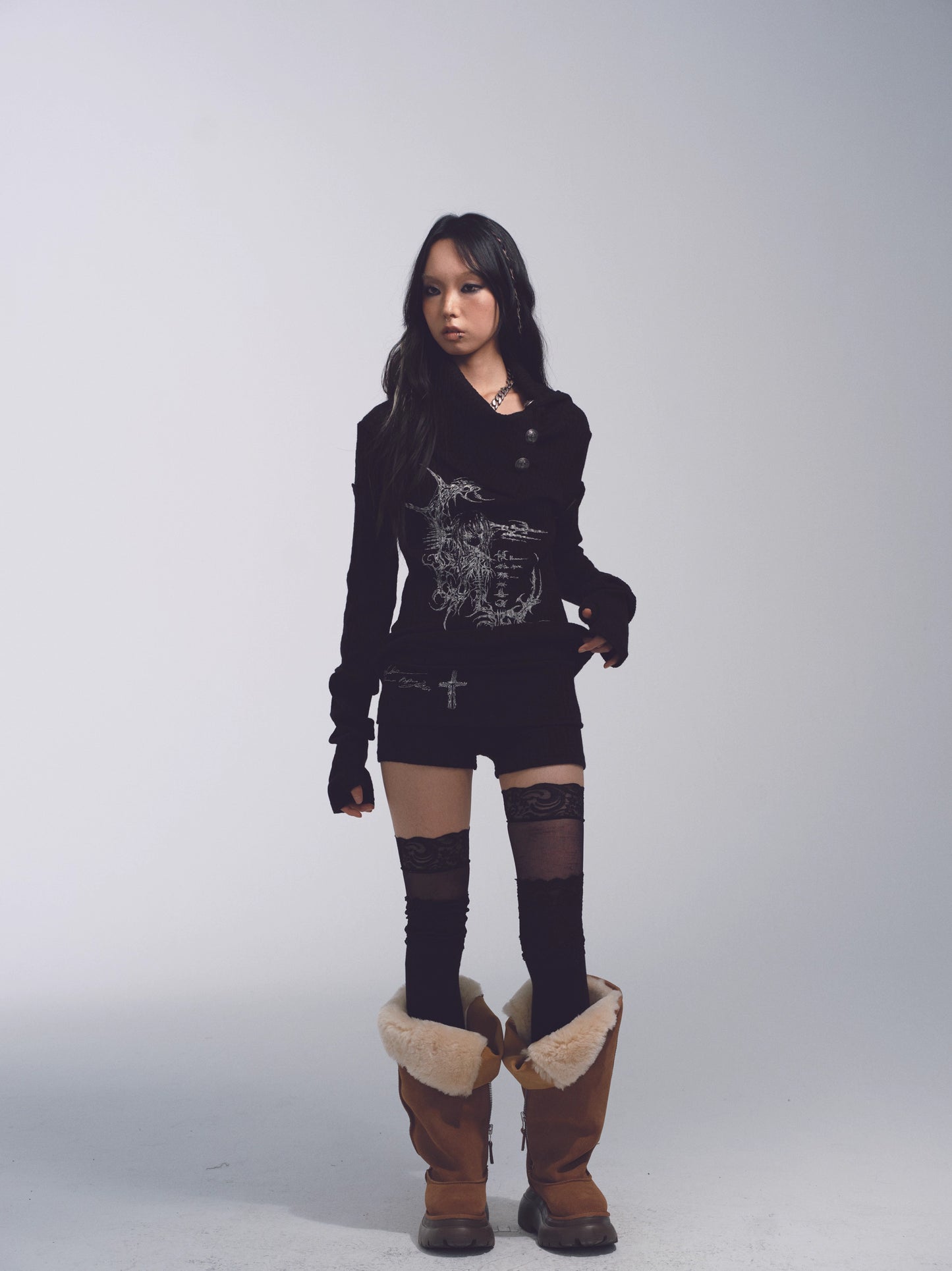 Elastic Skin-Friendly High-Neck Knit Shorts Set with Detachable Sleeves