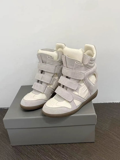 Wedge Heel High-Top Velcro Leather Sneakers