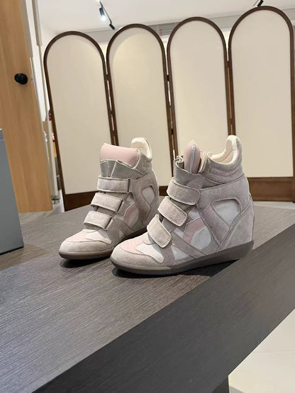 Wedge Heel High-Top Velcro Leather Sneakers