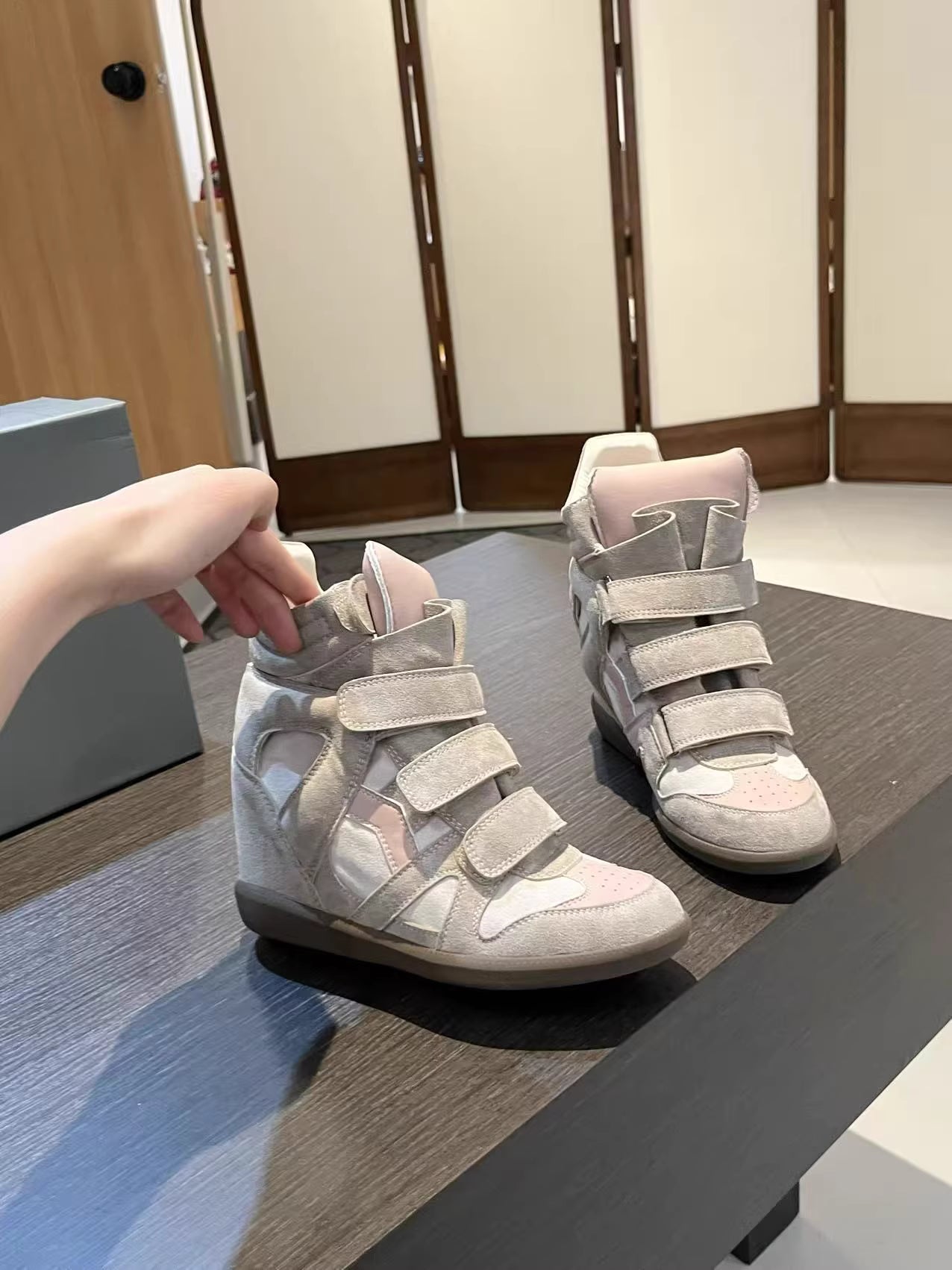 Wedge Heel High-Top Velcro Leather Sneakers