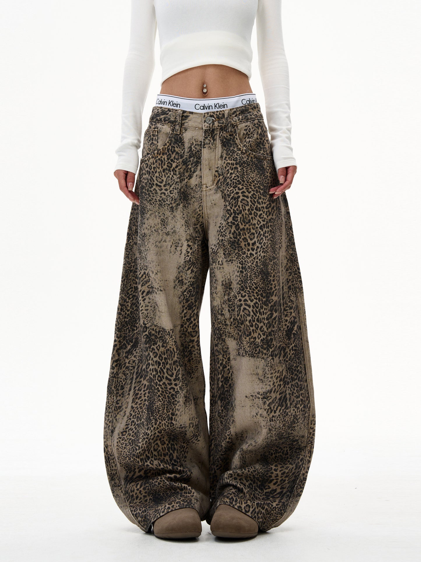 Retro Leopard Print Wide Jeans